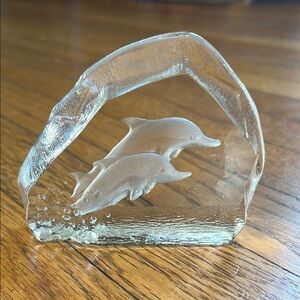 VTG glass Swedish Nybro Crystal Block Paperweight w/ Dolphins by Paul Isling